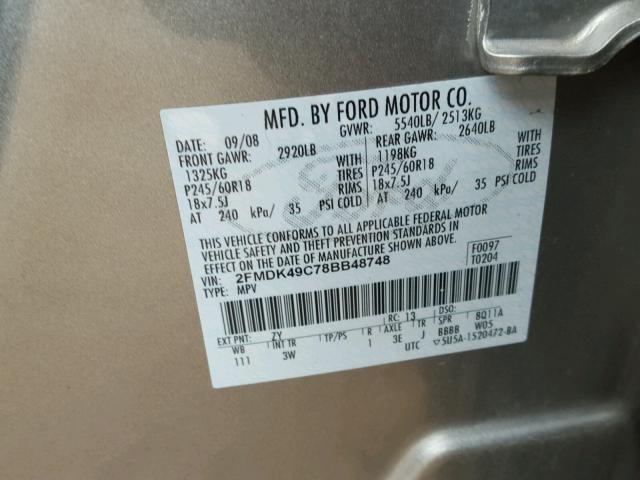 2FMDK49C78BB48748 - 2008 FORD EDGE LIMIT SILVER photo 10