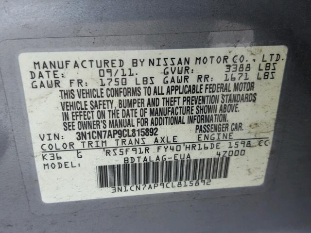 3N1CN7AP9CL815892 - 2012 NISSAN VERSA S GRAY photo 10