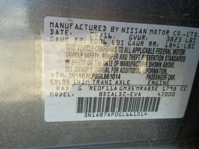 3N1AB7AP0GL661014 - 2016 NISSAN SENTRA S GRAY photo 10