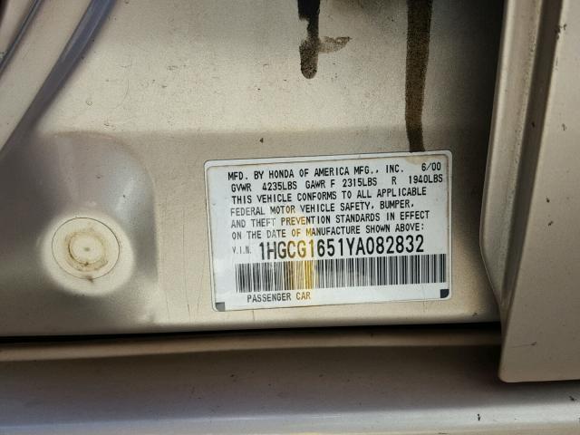 1HGCG1651YA082832 - 2000 HONDA ACCORD EX GOLD photo 10