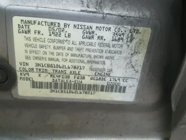 3N1CB51D62L678217 - 2002 NISSAN SENTRA XE GOLD photo 10