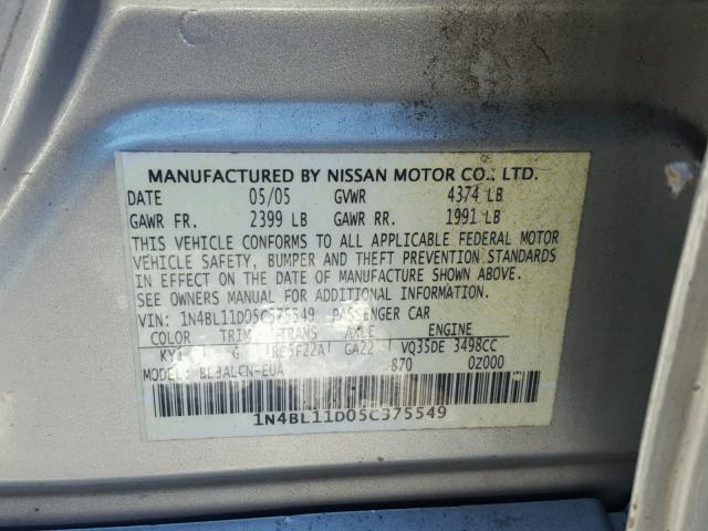 1N4BL11D05C375549 - 2005 NISSAN ALTIMA SE SILVER photo 10