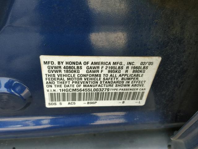 1HGCM56455L003279 - 2005 HONDA ACCORD LX BLUE photo 10