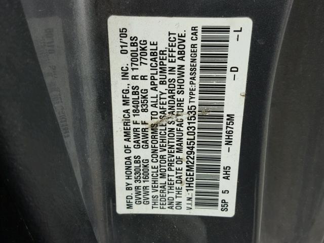 1HGEM22945L031535 - 2005 HONDA CIVIC EX Сұр фото 10