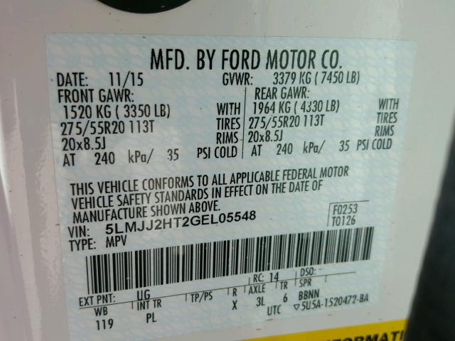 5LMJJ2HT2GEL05548 - 2016 LINCOLN NAVIGATOR 白色 照片 10