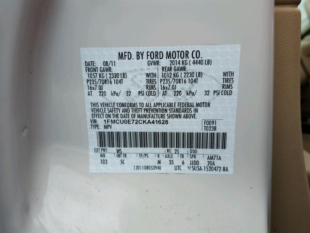 1FMCU0E72CKA41628 - 2012 FORD ESCAPE WHITE photo 10