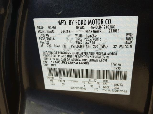 1FMCU93128KA44085 - 2008 FORD ESCAPE CHARCOAL photo 10