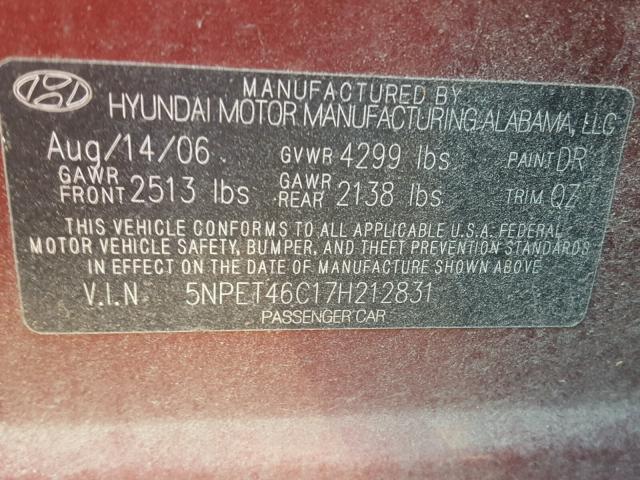 5NPET46C17H212831 - 2007 HYUNDAI SONATA GLS MAROON photo 10