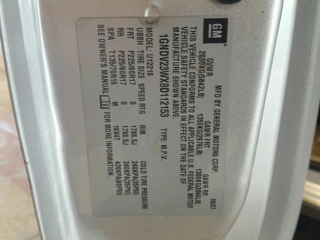 1GNDV23WX8D112153 - 2008 CHEVROLET UPLANDER L 银色 照片 10