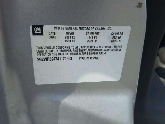 2G2WR524741171663 - 2004 PONTIAC GRAND PRIX SILVER photo 10