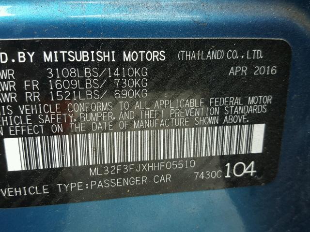 ML32F3FJXHHF05510 - 2017 MITSUBISHI MIRAGE G4 BLUE photo 10