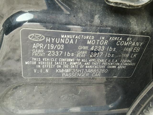 KMHWF35H13A885280 - 2003 HYUNDAI SONATA BLACK photo 10