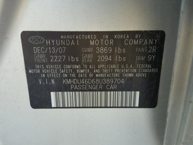 KMHDU46D68U389704 - 2008 HYUNDAI ELANTRA GL SILVER photo 10