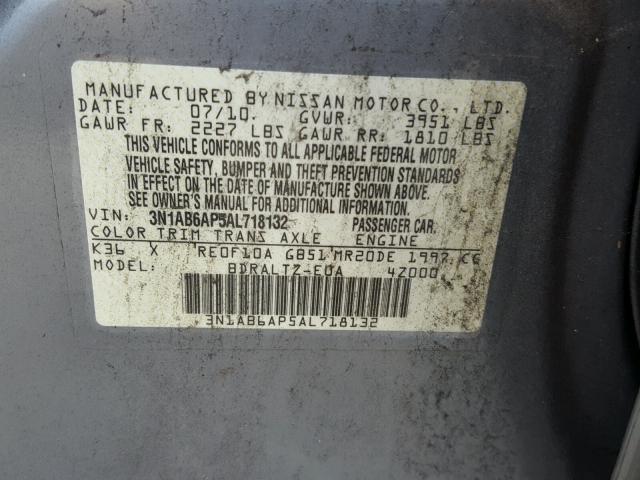 3N1AB6AP5AL718132 - 2010 NISSAN SENTRA 2.0 GRAY photo 10