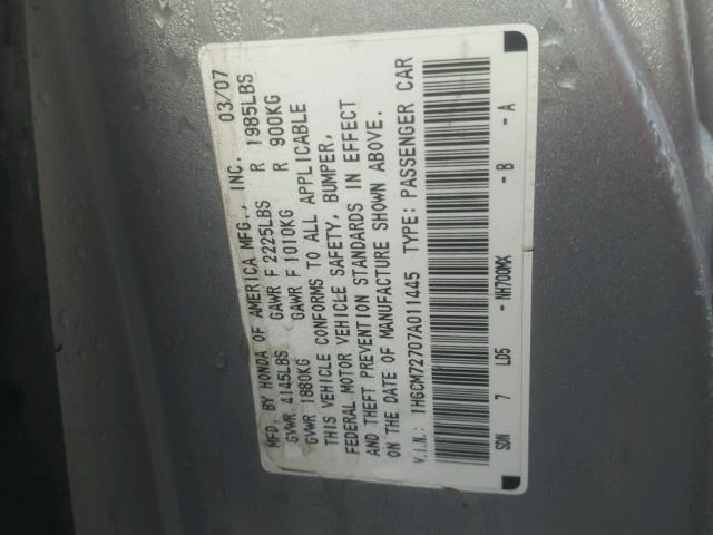 1HGCM72707A011445 - 2007 HONDA ACCORD EX SILVER photo 10