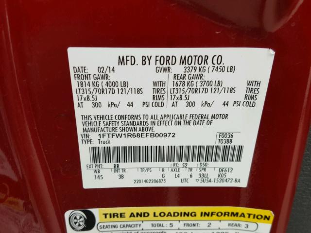 1FTFW1R68EFB00972 - 2014 FORD F150 SVT R MAROON photo 10