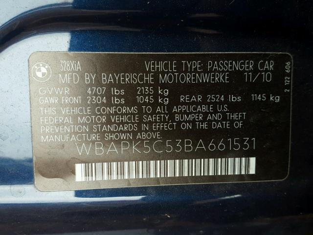 WBAPK5C53BA661531 - 2011 BMW 328 XI SUL BLUE photo 10