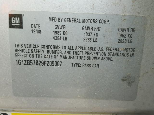 1G1ZG57B29F209007 - 2009 CHEVROLET MALIBU LS SILVER photo 10