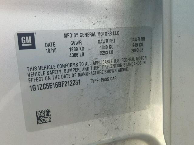 1G1ZC5E16BF212231 - 2011 CHEVROLET MALIBU 1LT SILVER photo 10