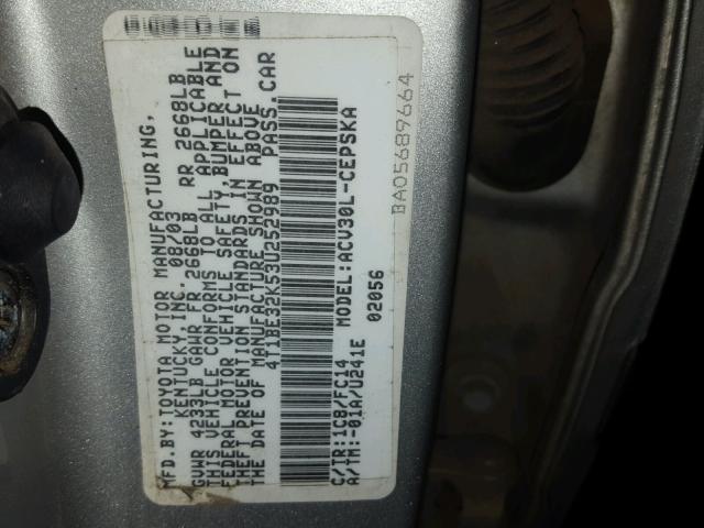 4T1BE32K53U252989 - 2003 TOYOTA CAMRY SILVER photo 10