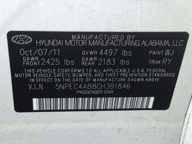 5NPEC4AB8CH391846 - 2012 HYUNDAI SONATA SE WHITE photo 10