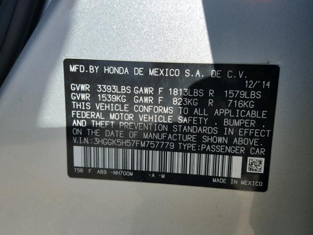 3HGGK5H57FM757779 - 2015 HONDA FIT LX Gümüş fotoğraf 10