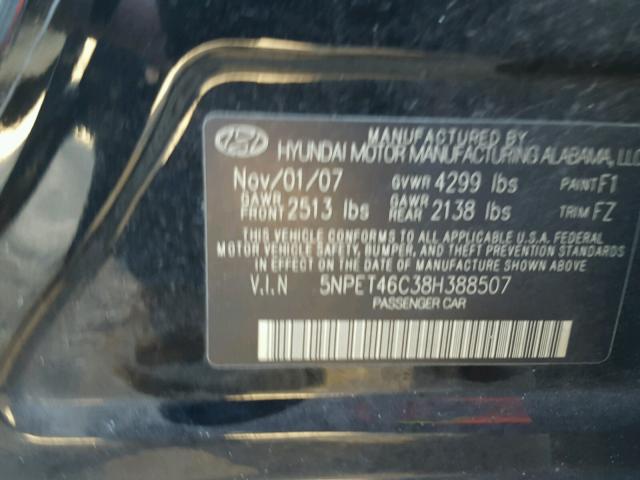 5NPET46C38H388507 - 2008 HYUNDAI SONATA GLS BLACK photo 10