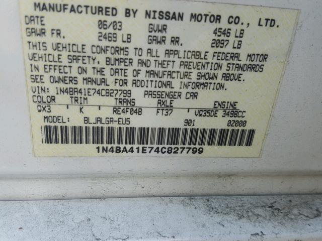 1N4BA41E74C827799 - 2004 NISSAN MAXIMA SE WHITE photo 10