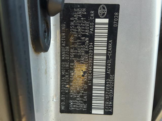 4T1BE46K09U329194 - 2009 TOYOTA CAMRY BASE SILVER photo 10