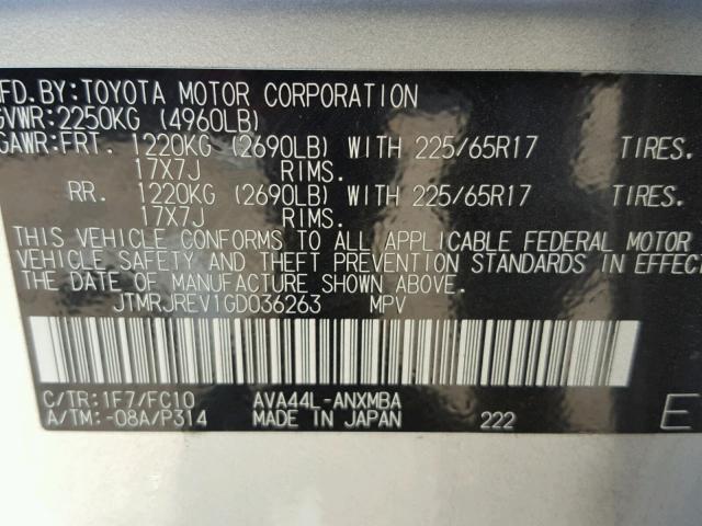 JTMRJREV1GD036263 - 2016 TOYOTA RAV4 HV XL SILVER photo 10