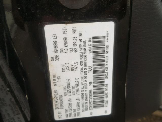 3D7KU28D73G769360 - 2003 DODGE RAM 2500 S BLACK photo 10