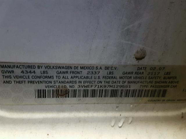 3VWEF71K97M129551 - 2007 VOLKSWAGEN JETTA WOLF WHITE photo 10