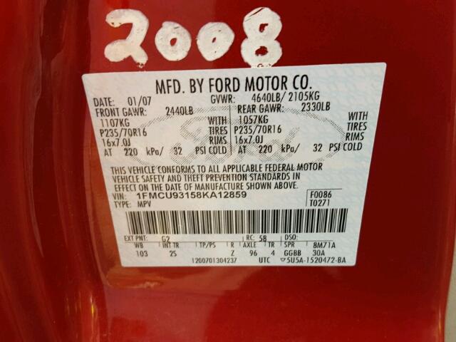 1FMCU93158KA12859 - 2008 FORD ESCAPE XLT RED photo 10