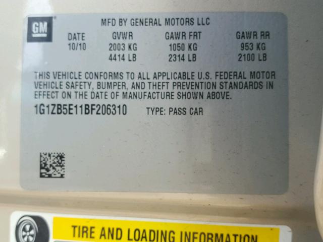 1G1ZB5E11BF206310 - 2011 CHEVROLET MALIBU LS BEIGE photo 10