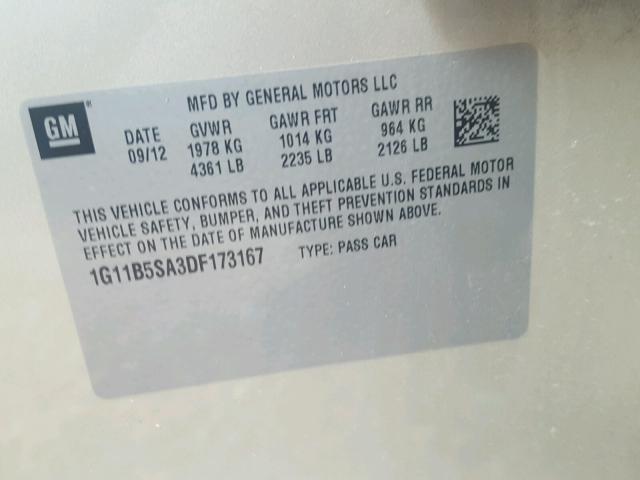 1G11B5SA3DF173167 - 2013 CHEVROLET MALIBU LS ოქროსფერი ფოტო 10