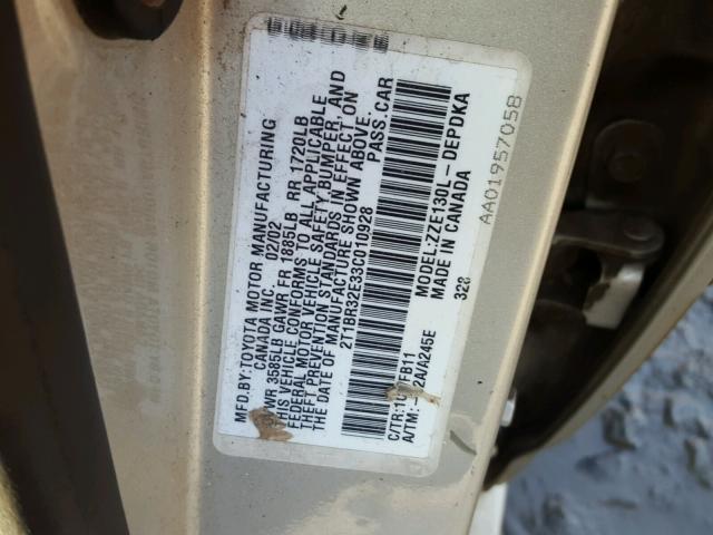 2T1BR32E33C010928 - 2003 TOYOTA COROLLA CE SILVER photo 10