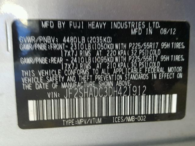 JF2SHADC3DH421912 - 2013 SUBARU FORESTER 2 GRAY photo 10