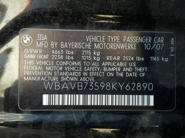 WBAVB73598KY62890 - 2008 BMW 335 I BLACK photo 10