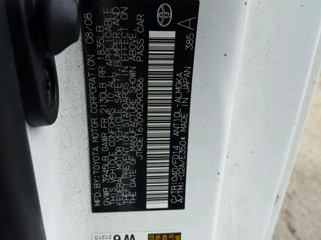 JTKDE167090290386 - 2009 TOYOTA SCION TC 白色 照片 10