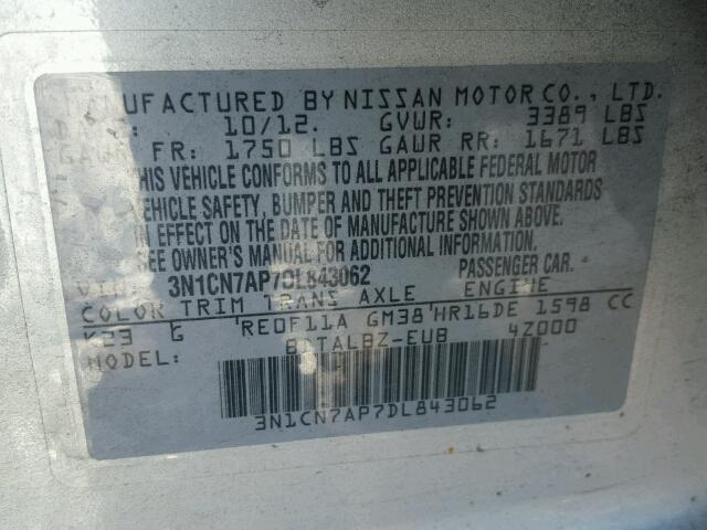 3N1CN7AP7DL843062 - 2013 NISSAN VERSA S 银色 照片 10