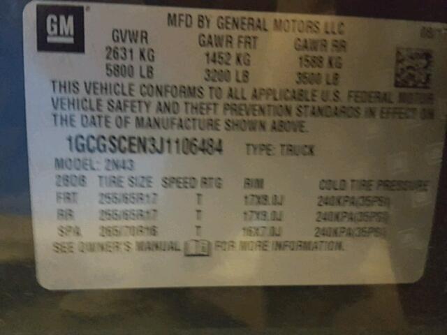 1GCGSCEN3J1106484 - 2018 CHEVROLET COLORADO L GRAY photo 10