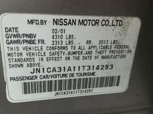 JN1CA31A11T314293 - 2001 NISSAN MAXIMA GXE GRAY photo 10