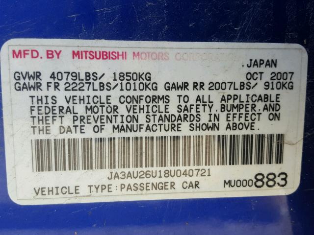 JA3AU26U18U040721 - 2008 MITSUBISHI LANCER ES BLUE photo 10