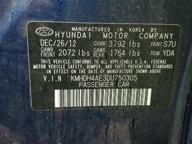 KMHDH4AE3DU750305 - 2013 HYUNDAI ELANTRA GL BLUE photo 10