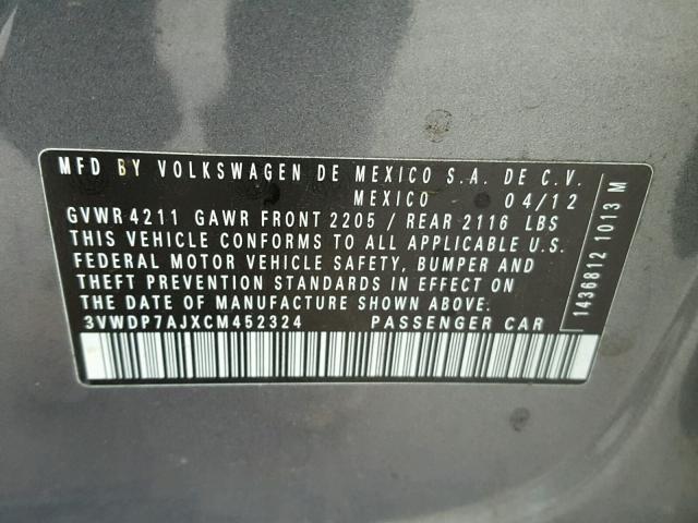 3VWDP7AJXCM452324 - 2012 VOLKSWAGEN JETTA SE 灰色 照片 10