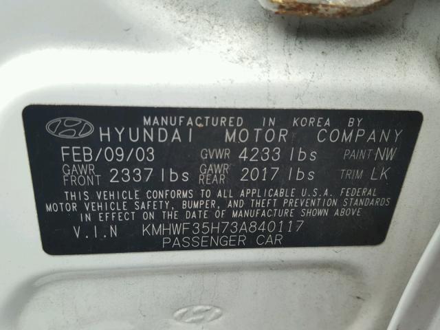 KMHWF35H73A840117 - 2003 HYUNDAI SONATA GLS WHITE photo 10