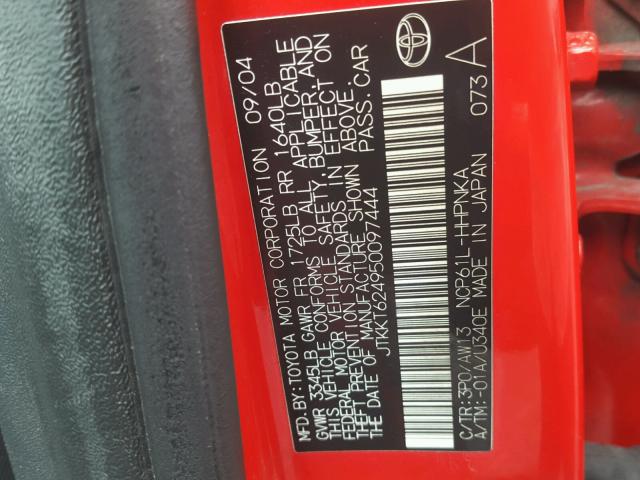 JTKKT624950097444 - 2005 TOYOTA SCION XA RED photo 10