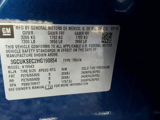 3GCUKSEC2HG190854 - 2017 CHEVROLET SILVERADO BLUE photo 10