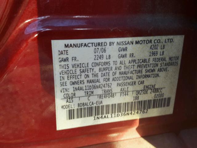 1N4AL11D36N424762 - 2006 NISSAN ALTIMA S RED photo 10