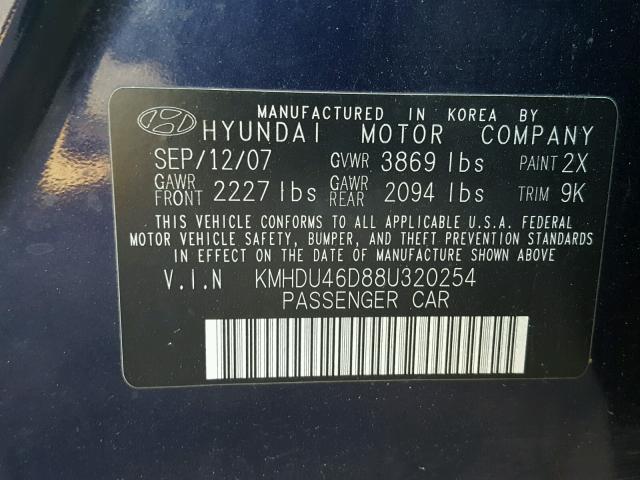 KMHDU46D88U320254 - 2008 HYUNDAI ELANTRA GL BLUE photo 10